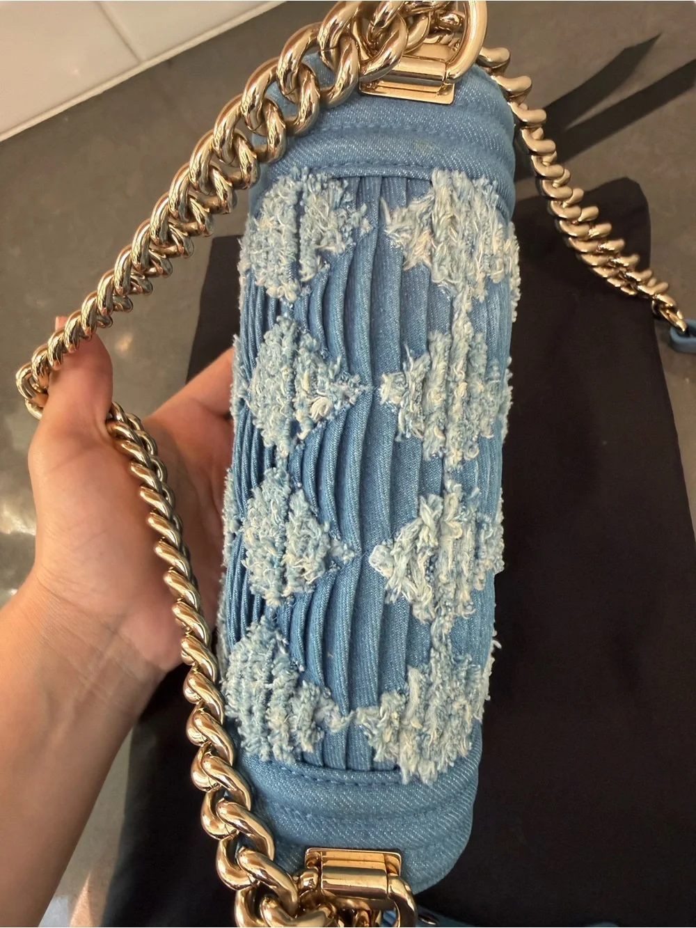 CHANEL Pleated Blue Denim Small Boy Bag with Champagne Gold Hardware